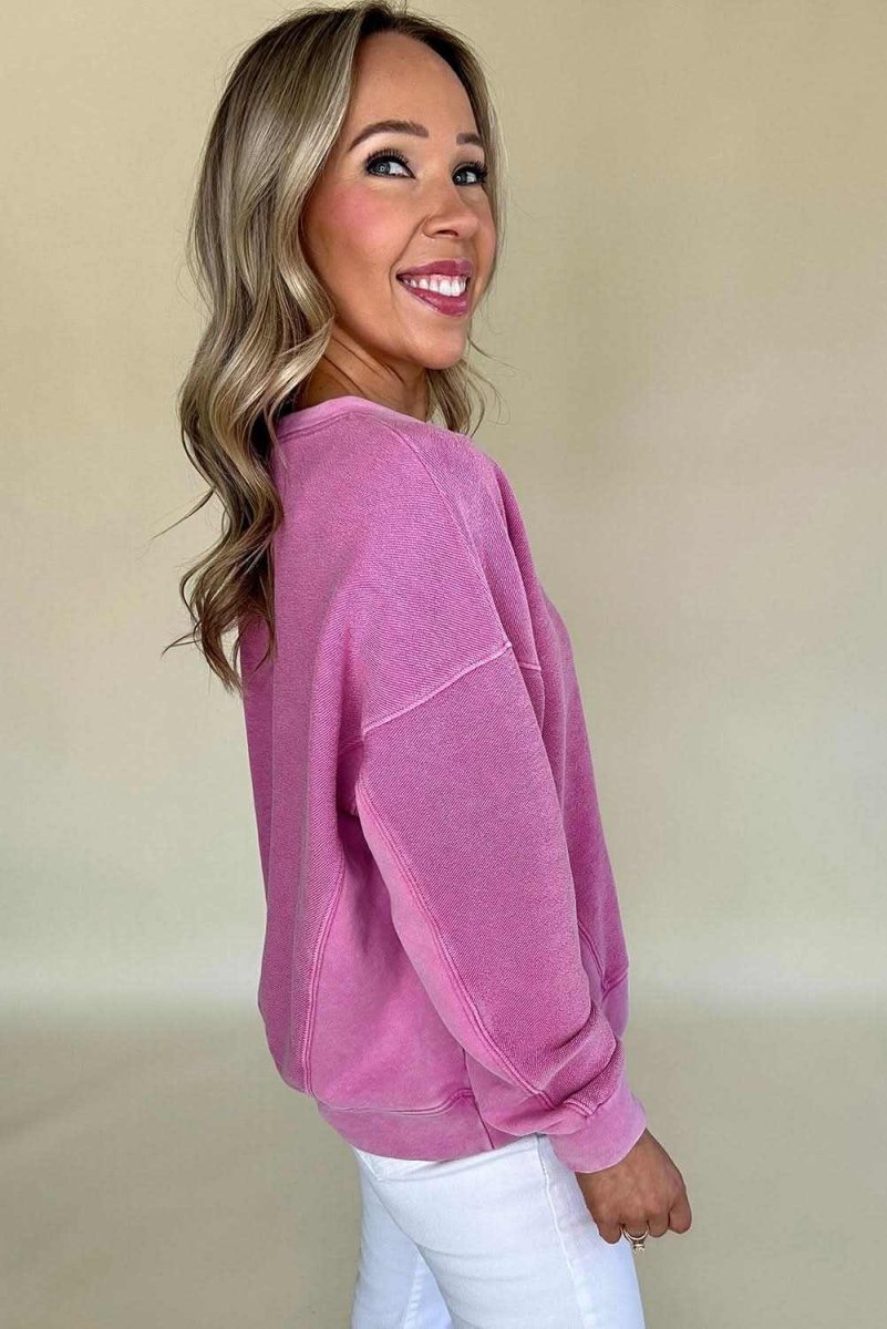 Bright Pink Solid Color Notched Neck Drop Shoulder Sweatshirt - Love Salve